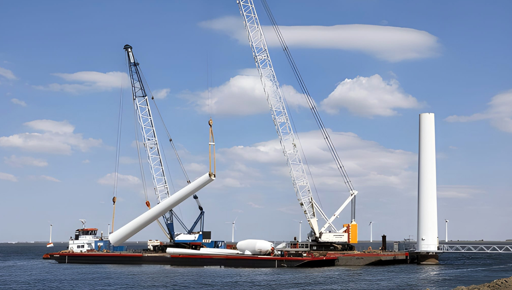 Barge with cranes assembling large white wind turbine components on water under a blue sky.