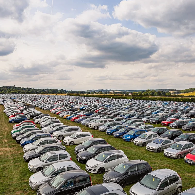 Large grassy car park filled with hundreds of parked cars beside the festival campsite under cloudy skies.