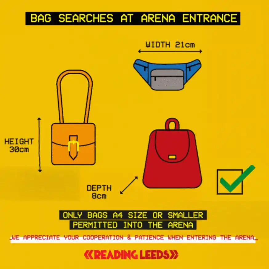 Bag size limits and search rules for arena entrance at Pepsi MAX presents Reading and Pepsi MAX presents Leeds Festival on yellow background.