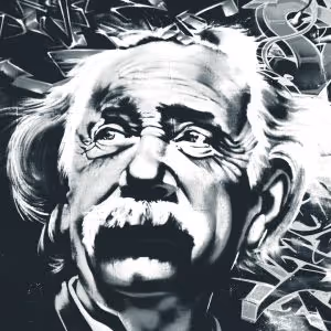 Black and white graffiti of Albert Einsteins face