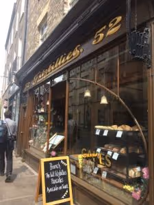 Front window display of Fitzbillie's cafe on Trumpington Street in Cambridge