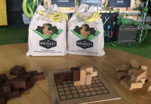 The board game Bridget on a table with several pieces on the board