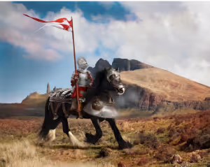a knight in armor riding a horse across a plain