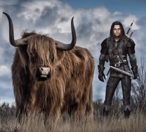 a warrior in leather armor stands next to a highland cow