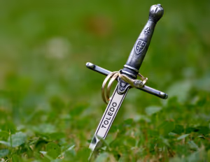 a sword stuck into some green grass