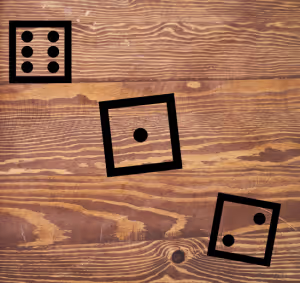 a wooden tabletop with the symbols of three dice on it in black font