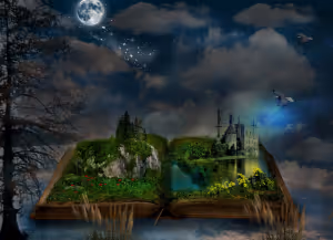 an open book with the pages transformed into a fantasy landscape with trees and a castle