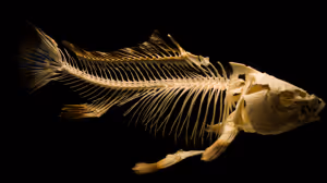 The fossilised skeleton of a fish on a black background