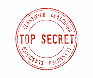 A circular red secret agent stamp that reads 'Top Secret: Classified'