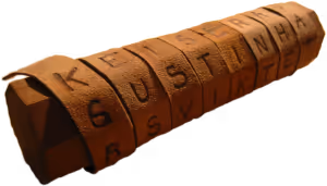 an ancient Greek scytale, a classical cipher tool consisting of a cylinder with a strip of parchment with letters written on it wrapped around it