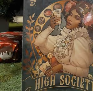 the board game high society, underneath a christmas tree