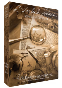 the box for the board game Sherlock Holmes Consulting Detective: The Thames Murders, showing a collection of papers and a magnifying glass