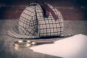 a deerstalker beside a magnifying glass and some sheets of blank paper