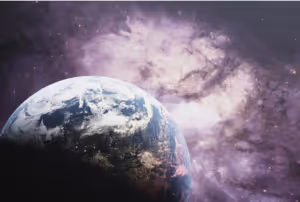 the earth in front of purple swirling galaxies of stars in space