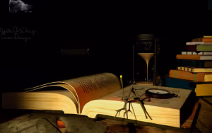 art of an old looking fantasy book in front of a stack of more books