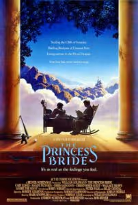 Theatrical release poster for The Princess Bride, showing a child being read to on the porch in front of a fantasy landscape backdrop