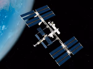 a space station with space and the edge of earth in the background