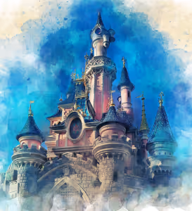 an illustration of a fantasy castle with many turrets with blue roofs in front of a swirly ink-like blue background