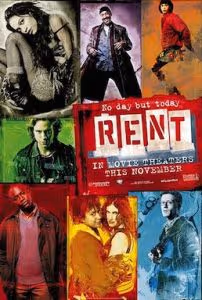 theatrical release poster for the film rent, showing the principle characters arranged in colourful blocky prints around the name of the film