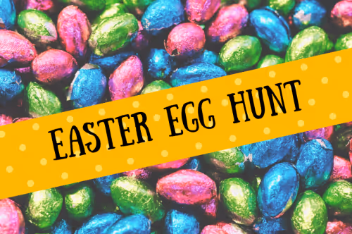 small chocolate easter eggs wrapped in blue pink and green foil with text reading easter egg hunt on a yellow background