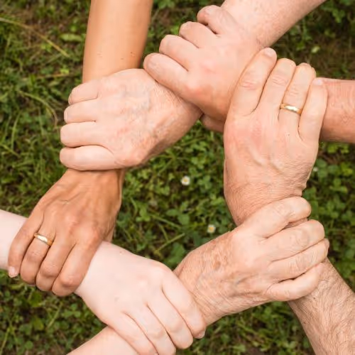 Six hands holding each others wrists to make a circle over some green grass