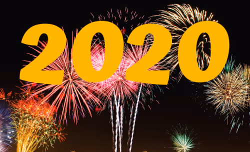 multicoloured fireworks against a black sky with the new year date 2020 in yellow letters