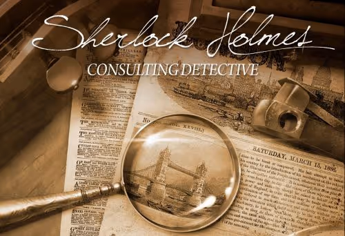 the cover art for the board game sherlock holmes consulting detective, showing a magnifying glass on some papers