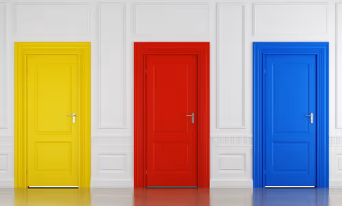 three doors in a row, one yellow, one red, and one blue