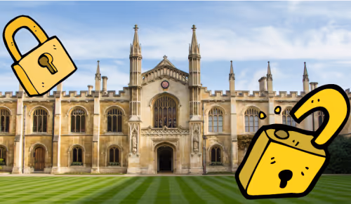 one of the cambridge colleges with yellow cartoon padlocks edited into the corners