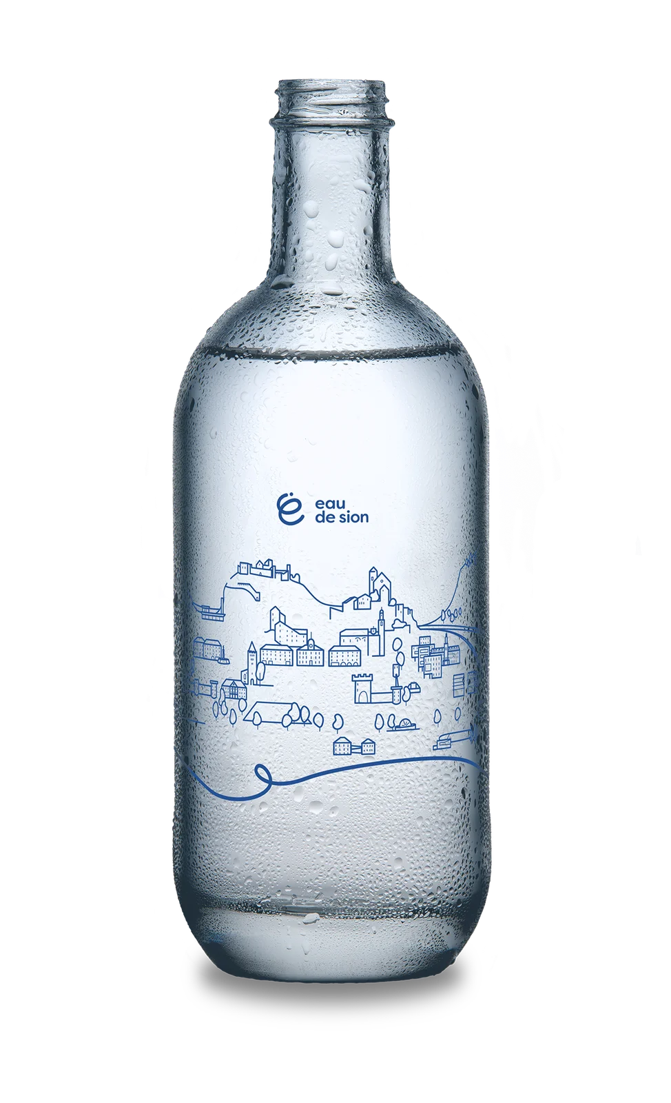 une carafe à eau avec un dessin au trait représentant la ville de Sion