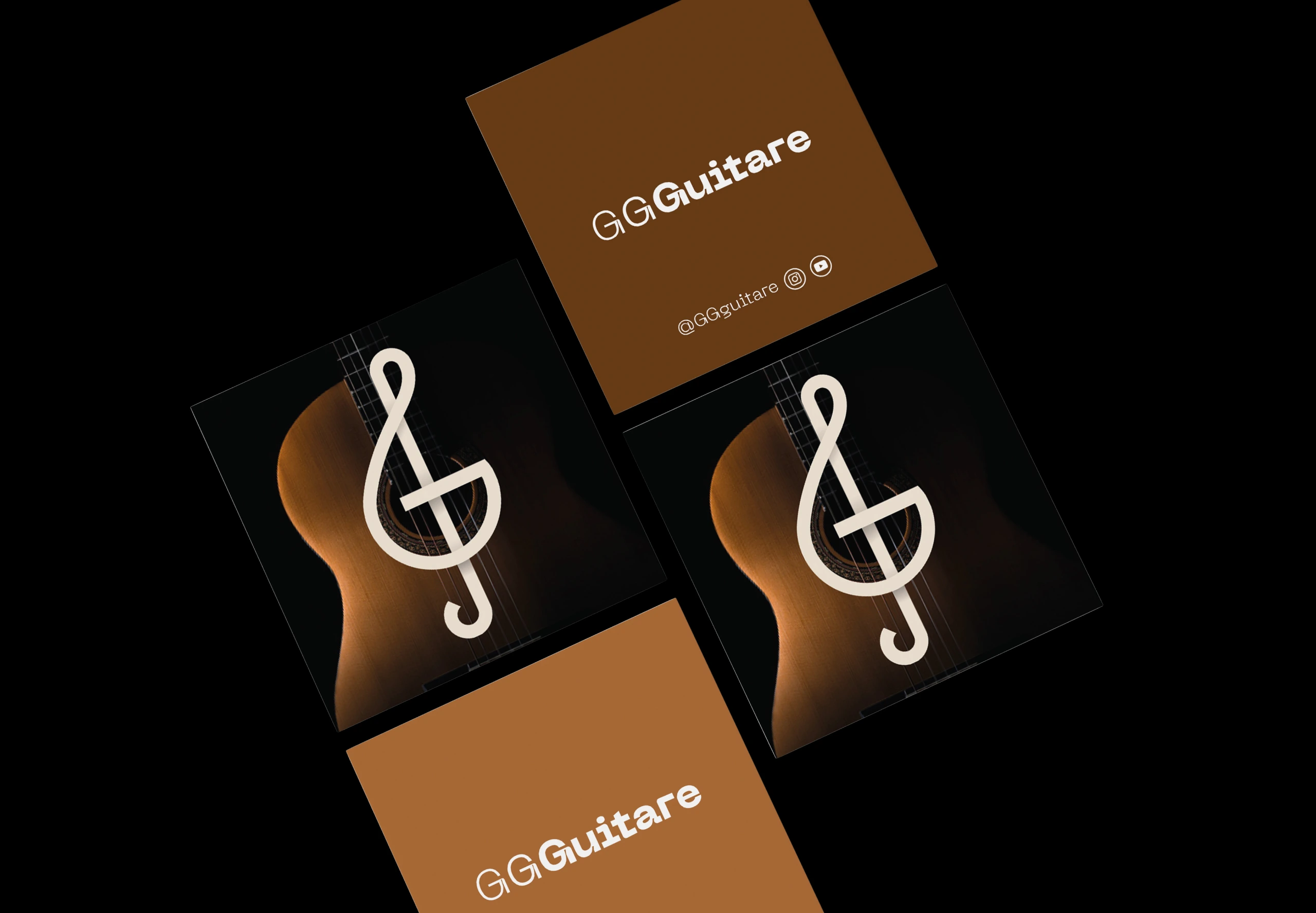 Cartes de visite GGGuitare - logo clé de sol et guitare acoustique sur fond noir