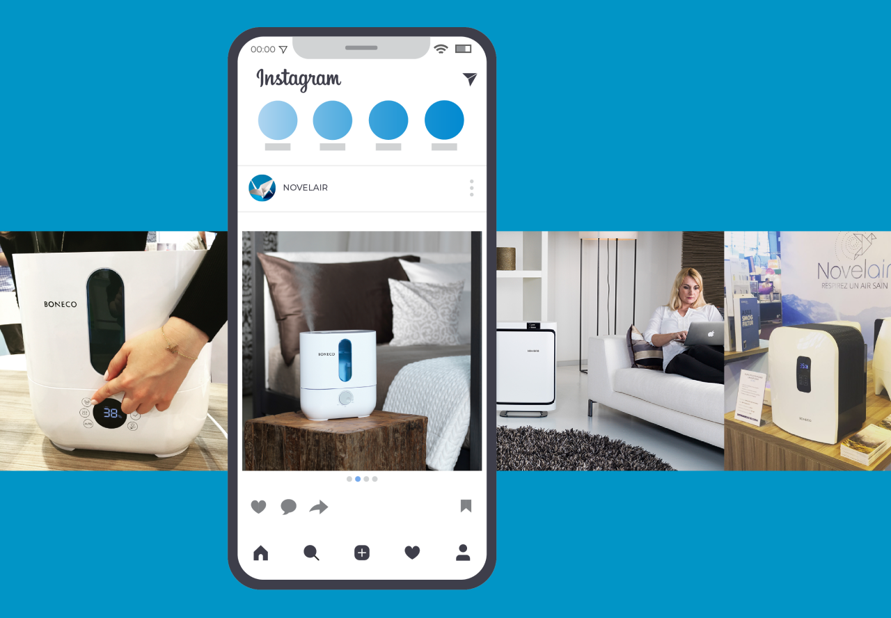 Écran de smartphone affichant le profil Instagram Novelair avec plusieurs photos de diffuseurs d'air et purificateurs