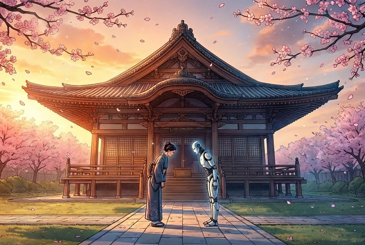 Illustration d'un samouraï et d'un robot IA se saluant devant un temple japonais, symbolisant l'alliance entre éthique et intelligence artificielle