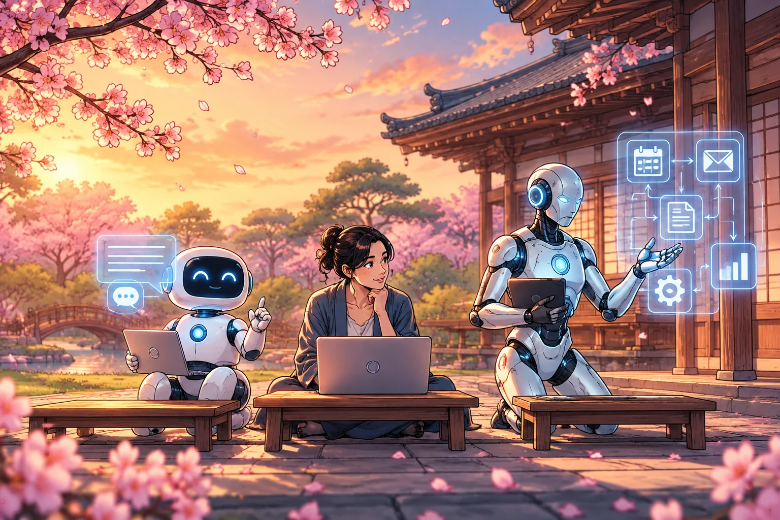 Illustration d'un samouraï et d'un robot IA se saluant devant un temple japonais, symbolisant l'alliance entre éthique et intelligence artificielle
