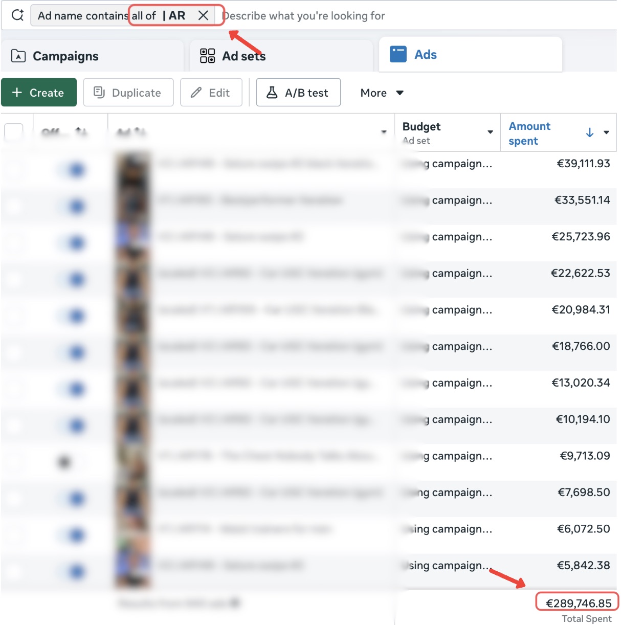 Meta Ads Manager filtered by AR: €289,746 total spent