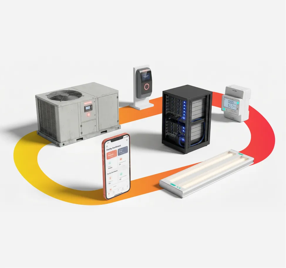 Building systems connected on one path: rooftop HVAC unit, server rack, sensor, controller, lighting fixture and a phone running Apptimus