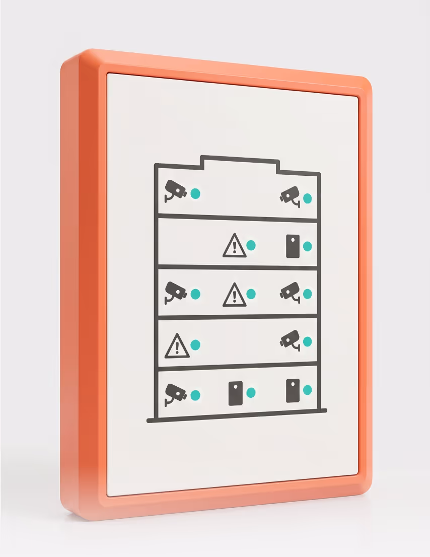 Wall-mount panel with chunky coral bezel — CCTV, fire, and access pictograms across building floors, all uniform teal status