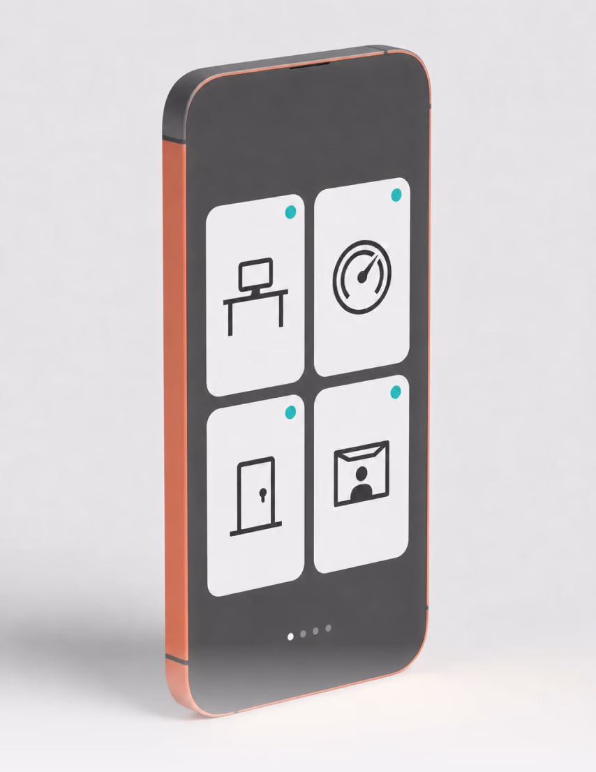 Apptimus mobile app in employees' hands — book a desk, tune zone comfort, raise requests