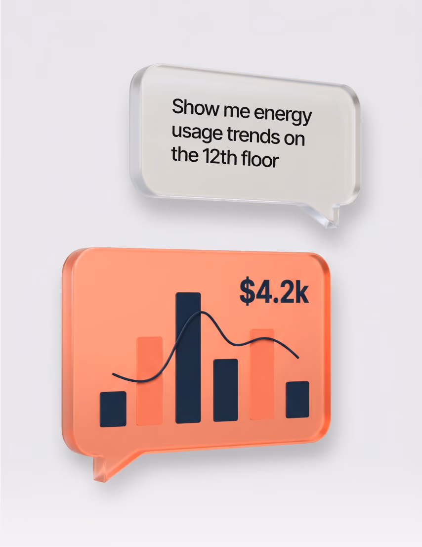 Two floating frosted-glass chat bubbles — coral AI response shows mini dashboard with bar chart + sparkline + $4.2k KPI