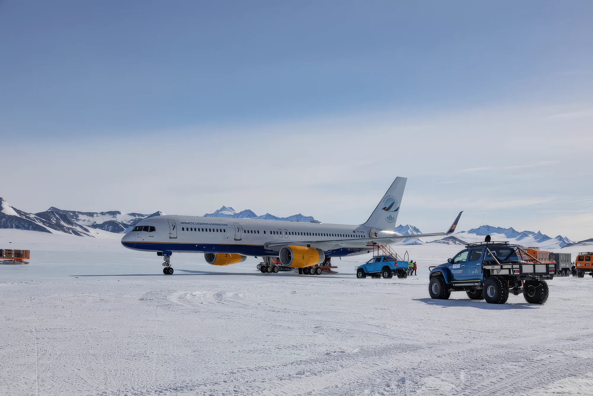 Commercial airplane parked on snow with service trucks and snowy mountains in the background.