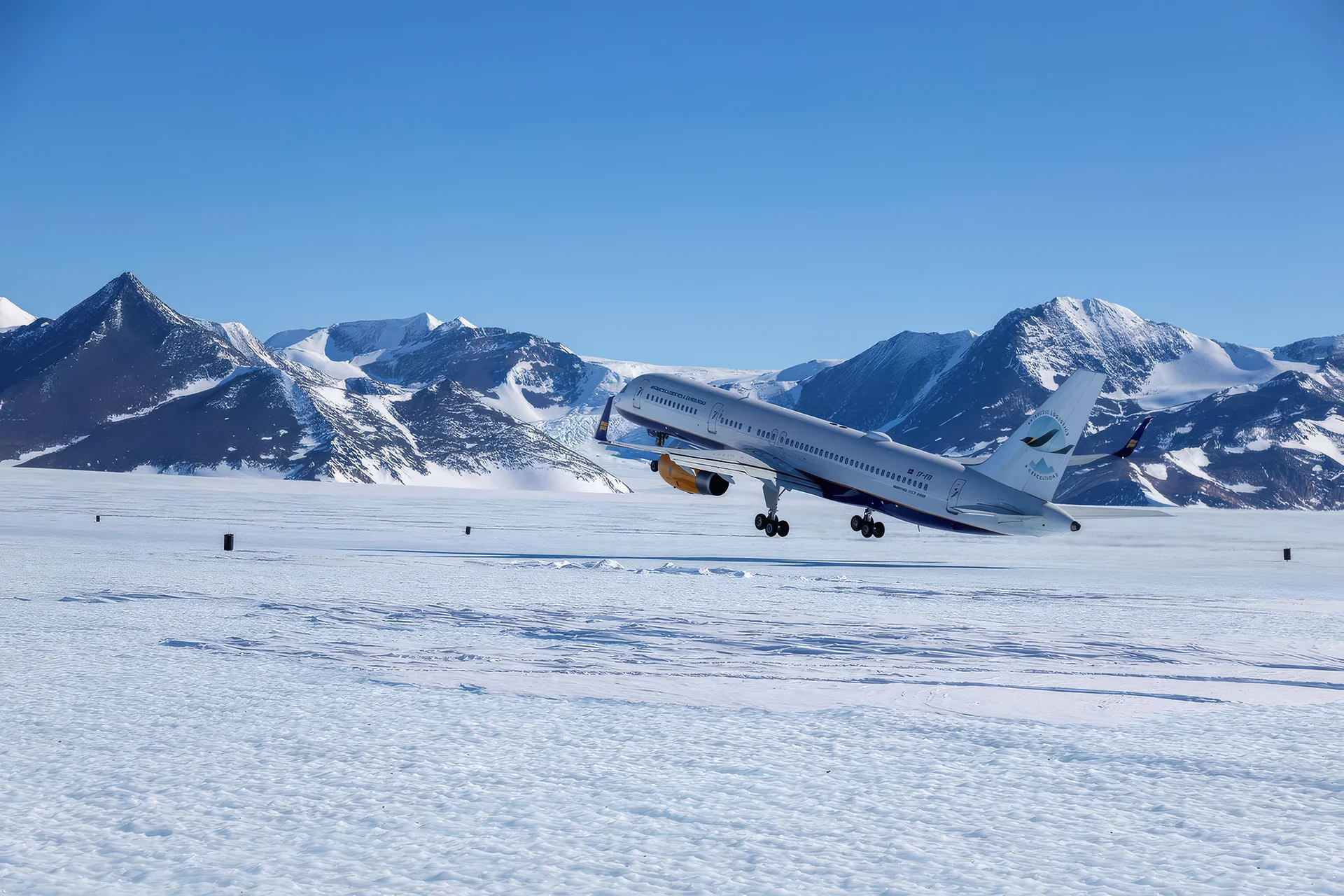 Icelandair airplane taking off from snowy runway with snow-covered mountains in background.