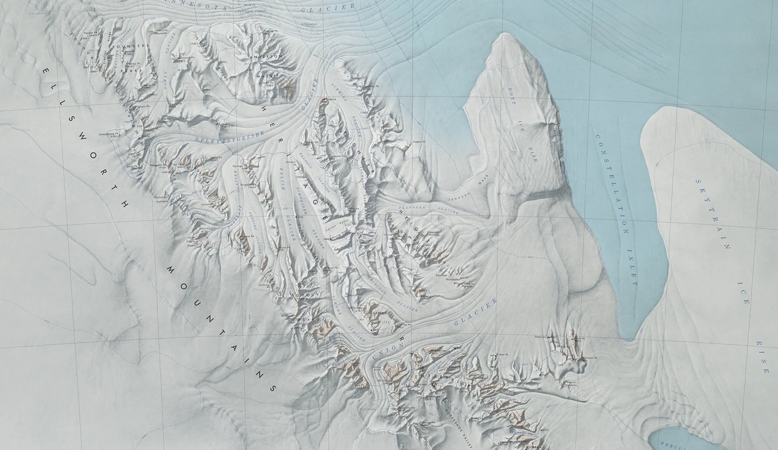 Topographic map showing glacier valleys, mountains, and ice rises in a coastal polar region.