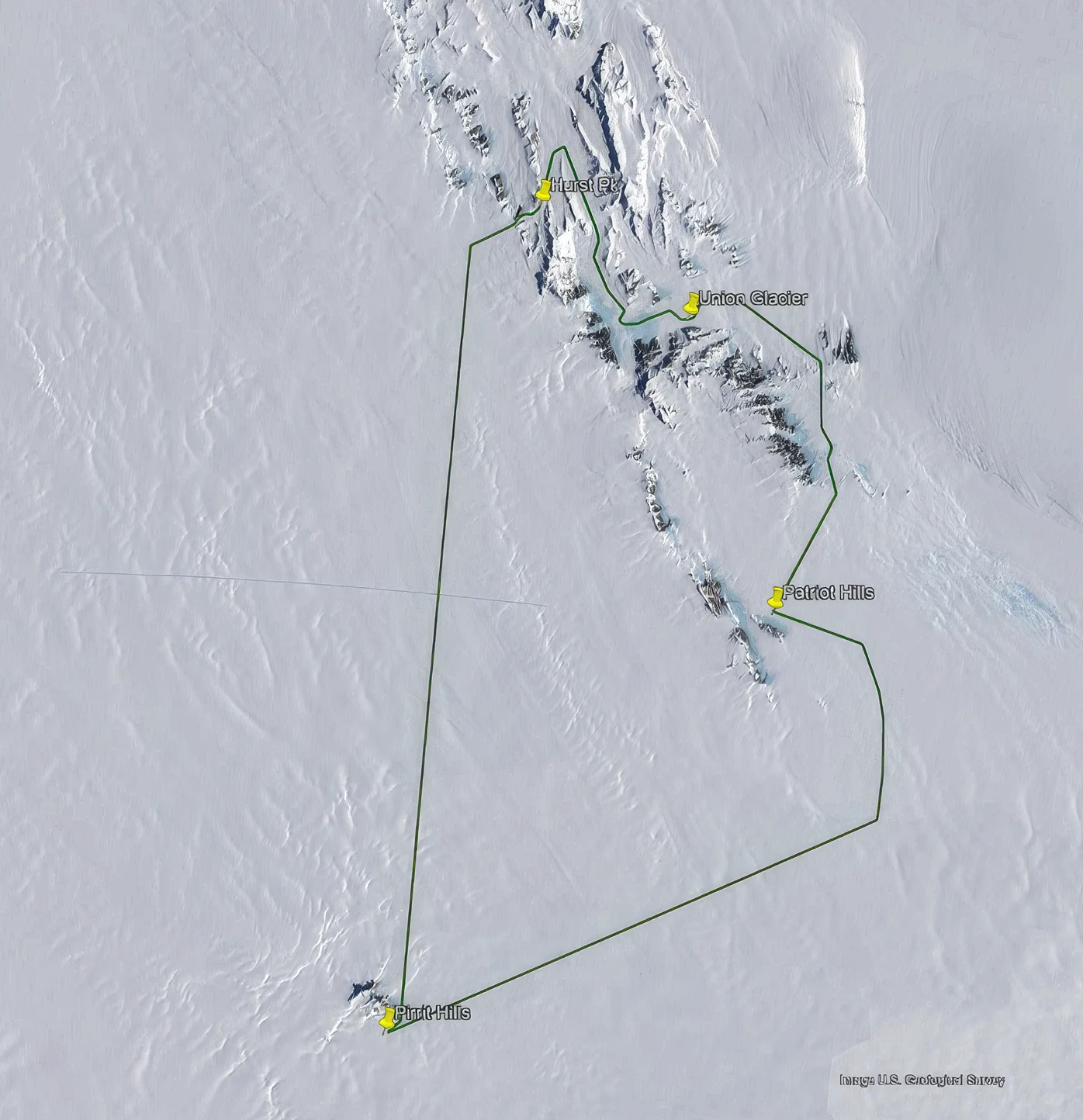 Satellite view of a route connecting Hurst Pt, Union Glacier, Patriot Hills, and Pint Hills in snowy terrain.