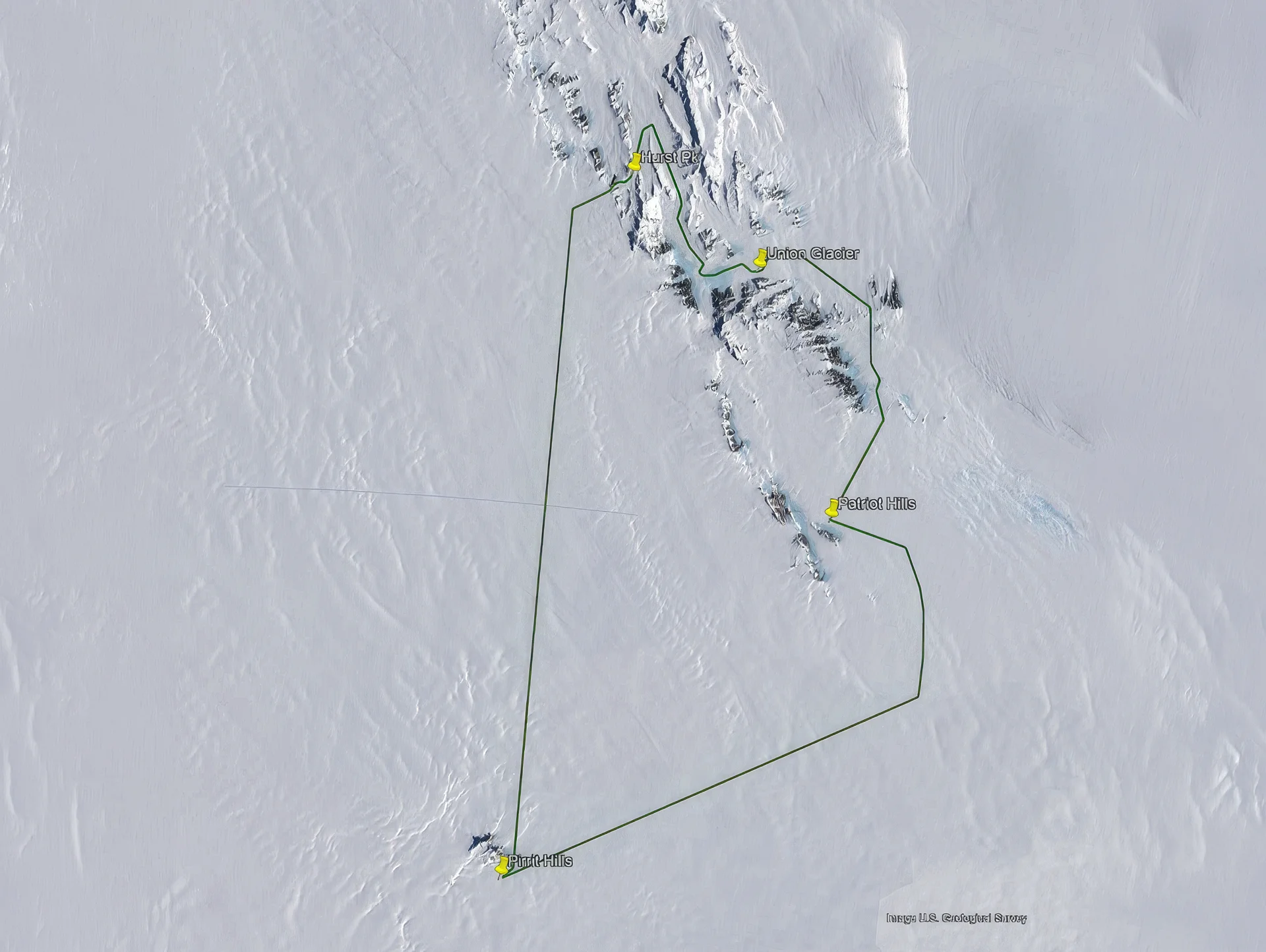 Map with route marked through Hurst Pt, Union Glacier, Patriot Hills, and Pint Pt in icy terrain.