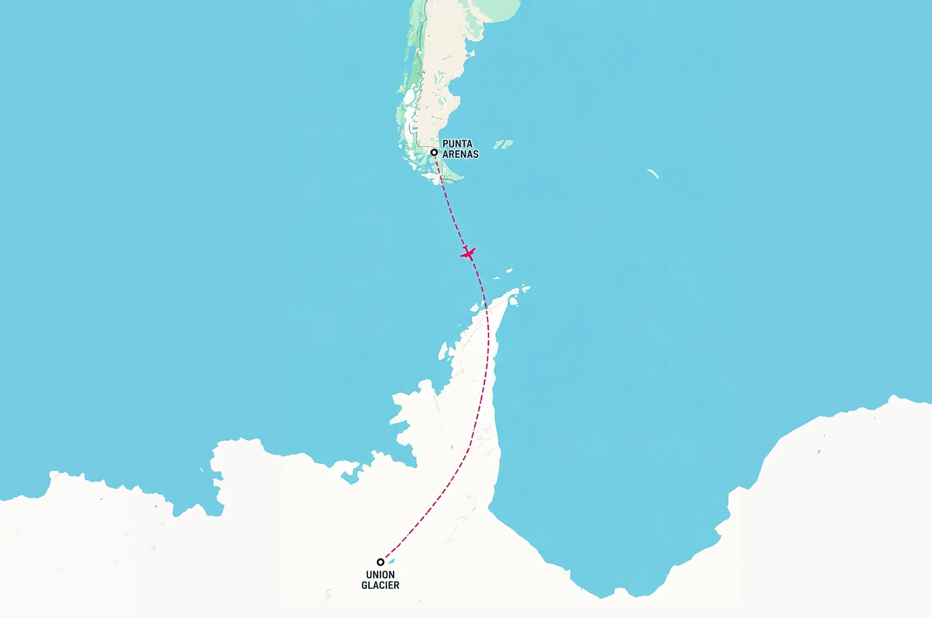 Map showing a flight route from Union Glacier in Antarctica to Punta Arenas in South America.