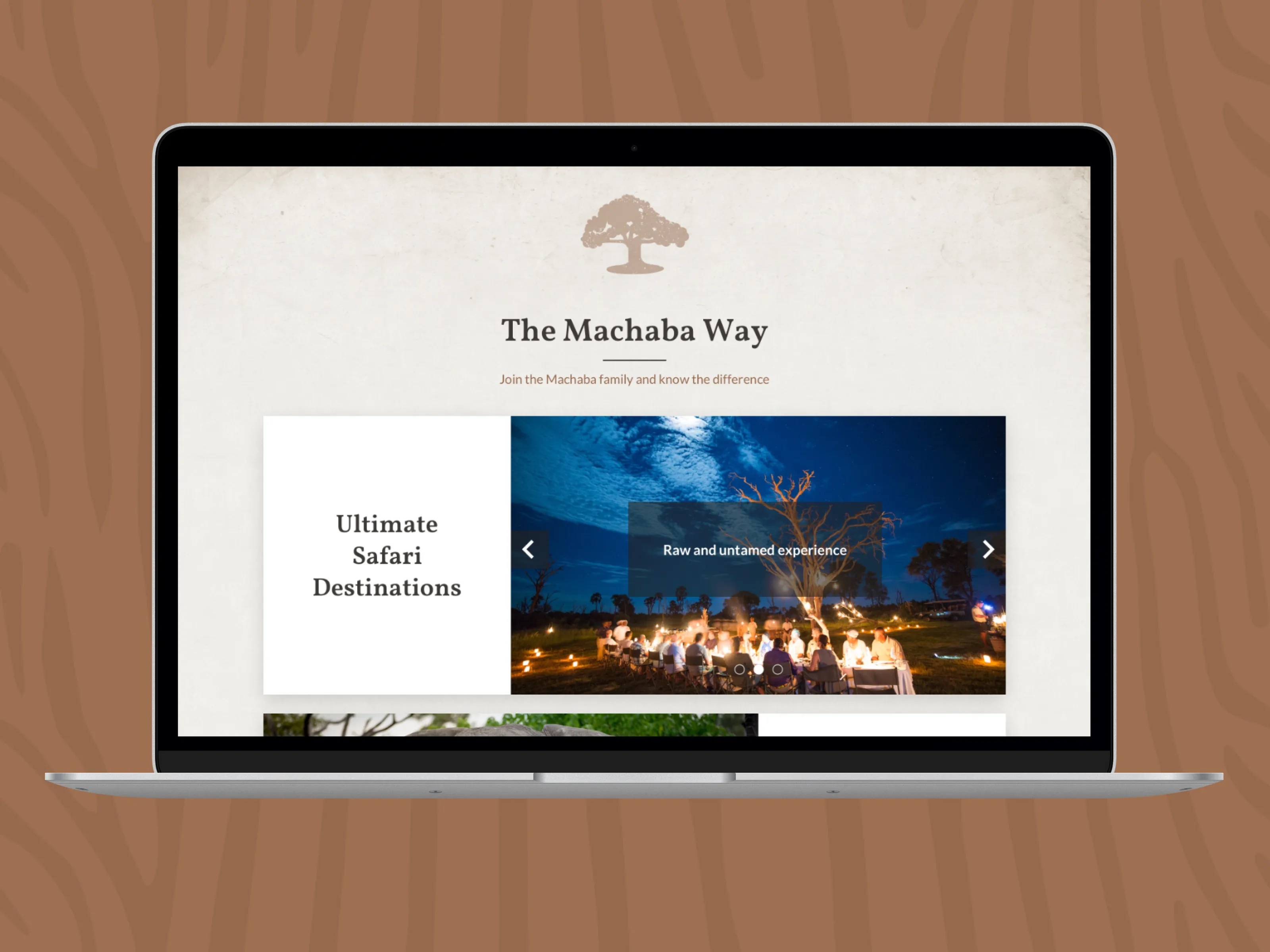 Laptop screen displaying 'The Machaba Way' safari website with a nighttime outdoor dining scene under a blue sky and the text 'Ultimate Safari Destinations' and 'Raw and untamed experience.'