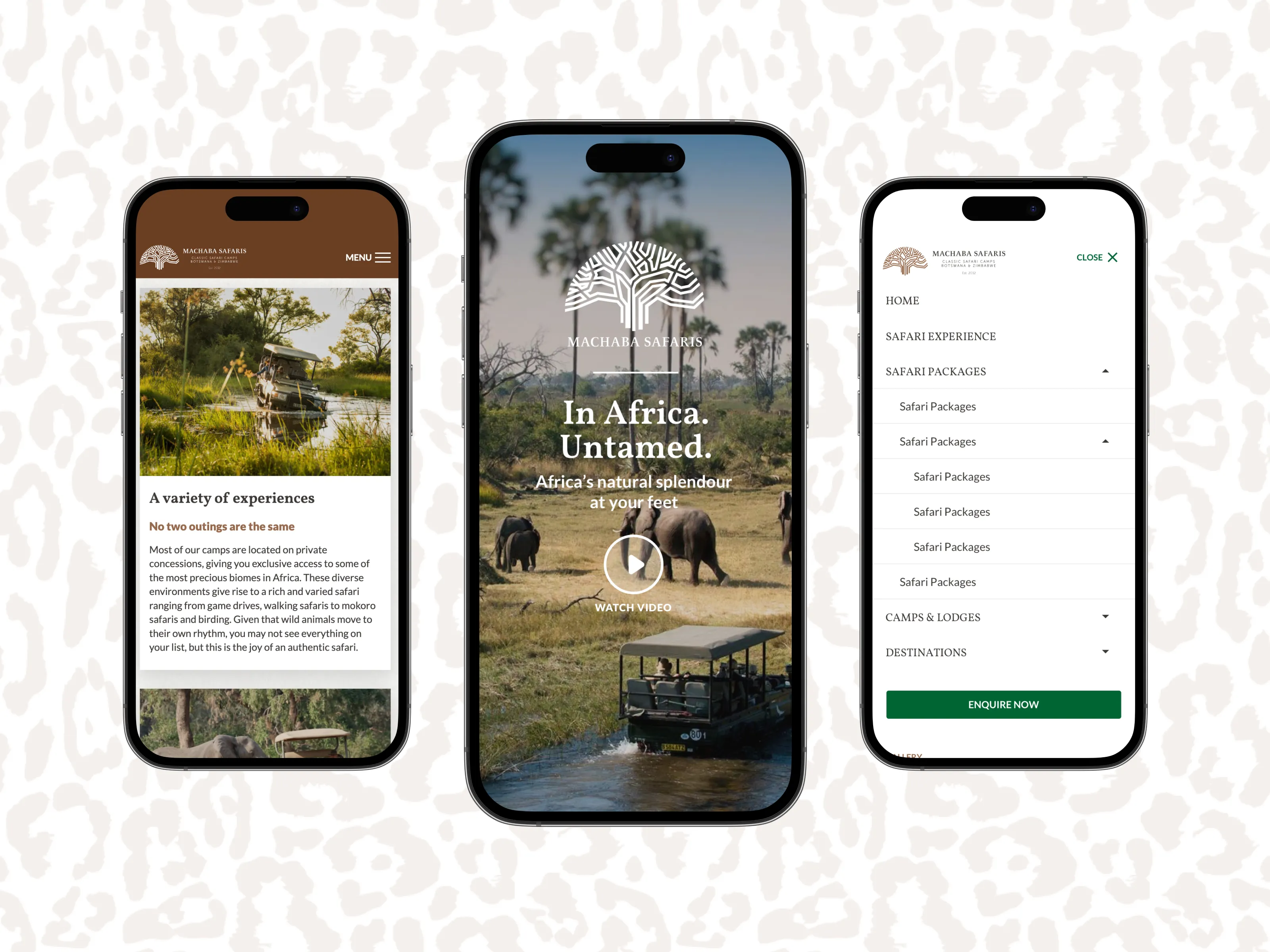 Three smartphones showing Machaba Safaris mobile website pages with safari images, menu navigation, and safari experience details.