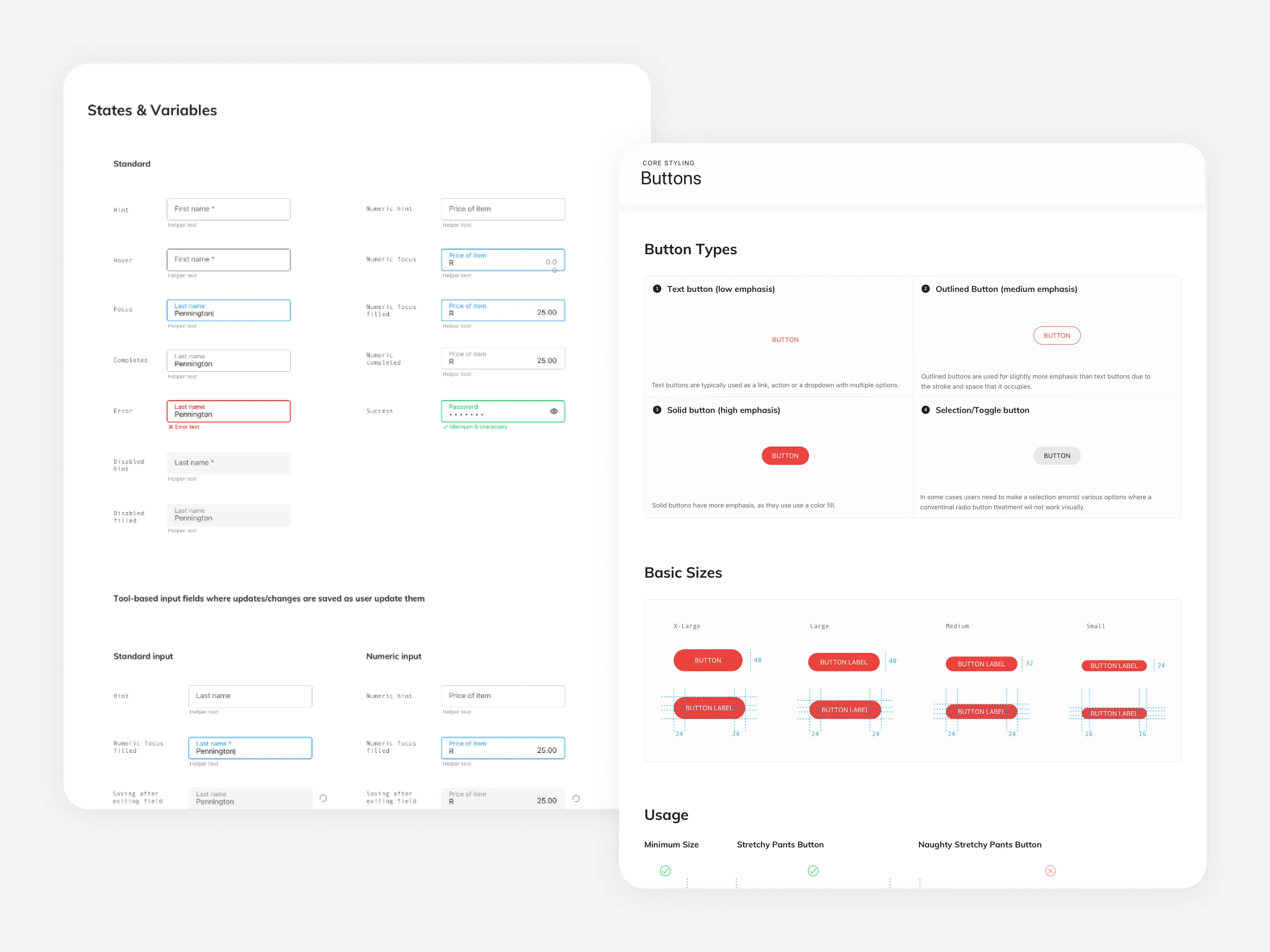 Design system example of UI components such as text fields and buttons