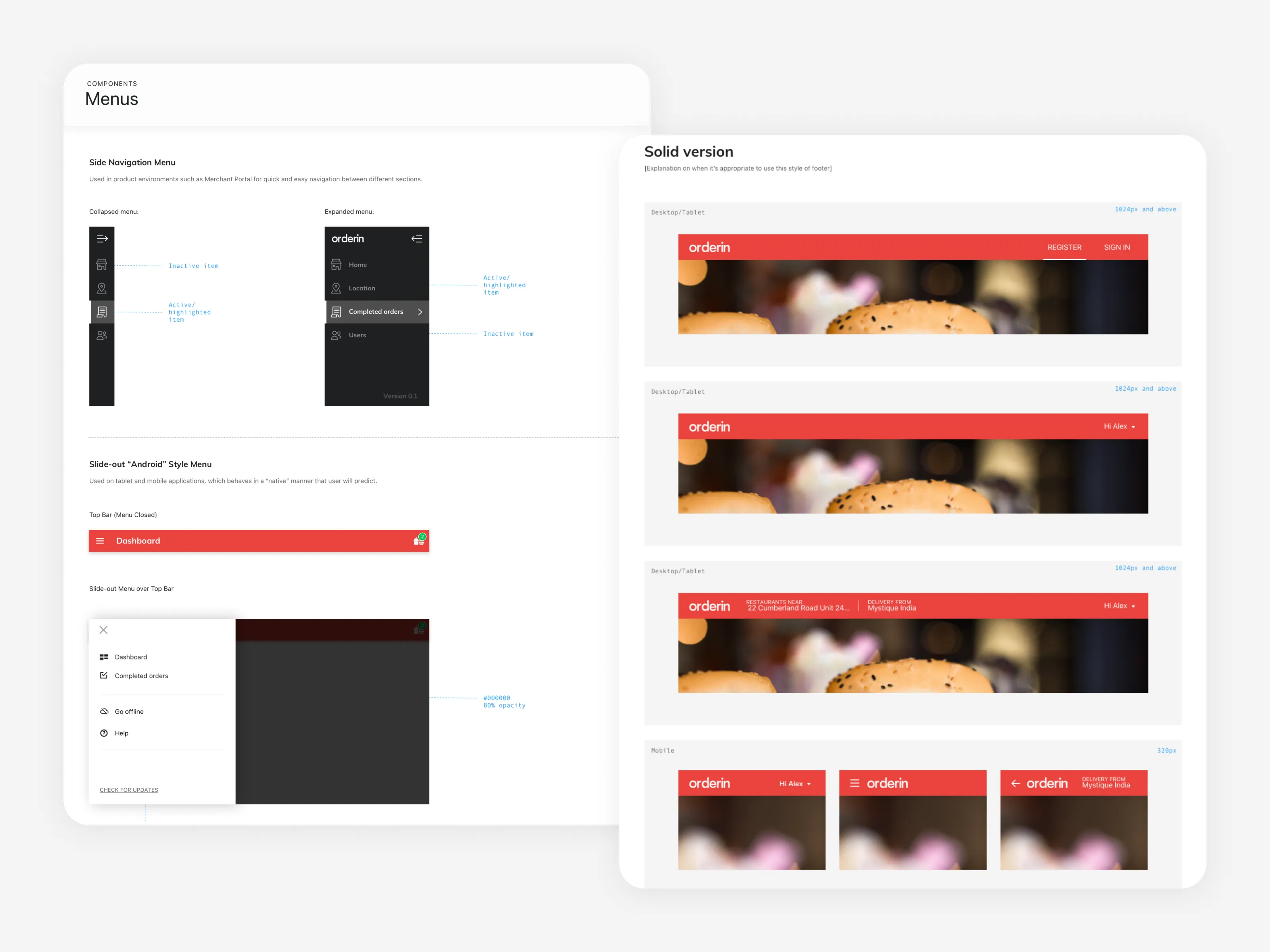 Design system examples of navigation and header elements and the documentation for developers 