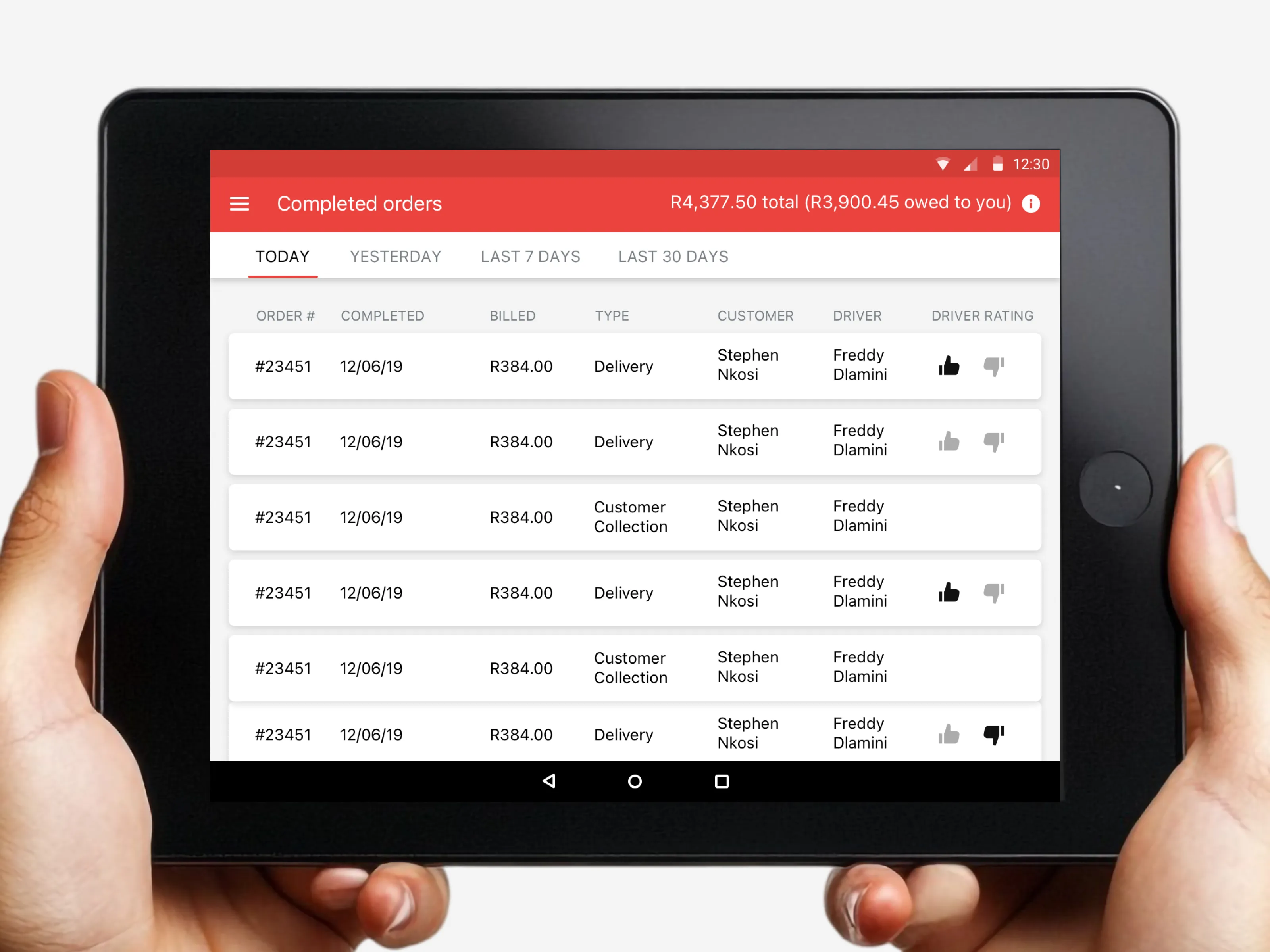 Example of an "order history" screen for the tablet design that uses the design system